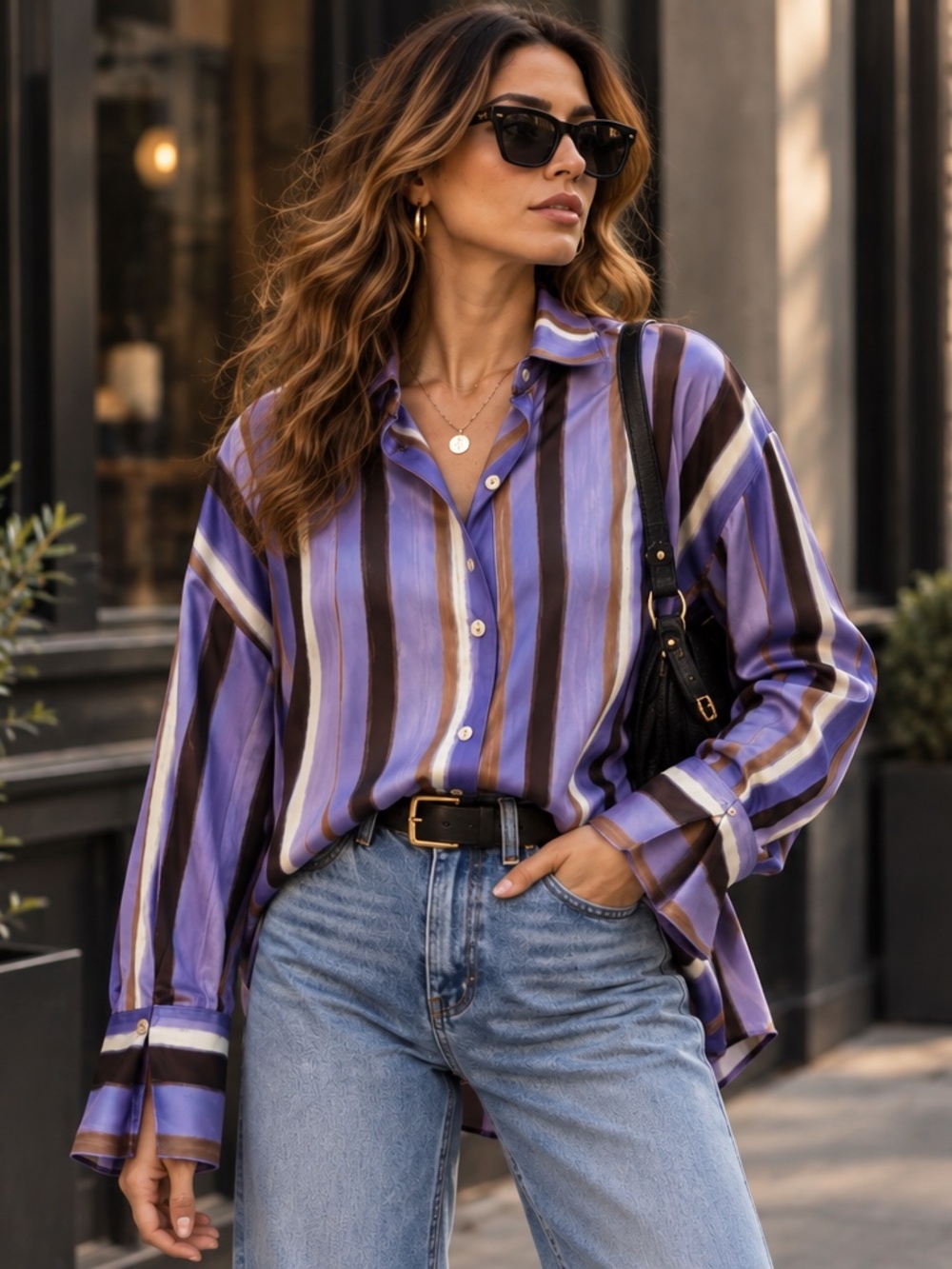 Marla Wynne XL Silky Striped Shirt Purple Mocha Cream Button Front Designer Top
